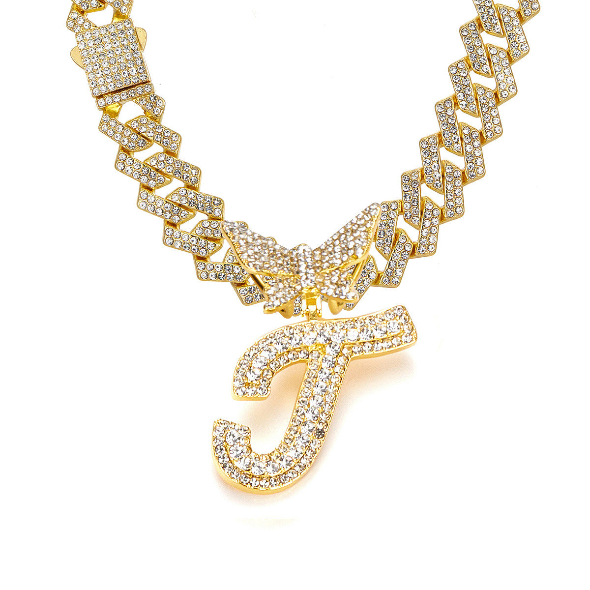 English Letter Alloy Rhinestone Pendant Necklace Butterfly