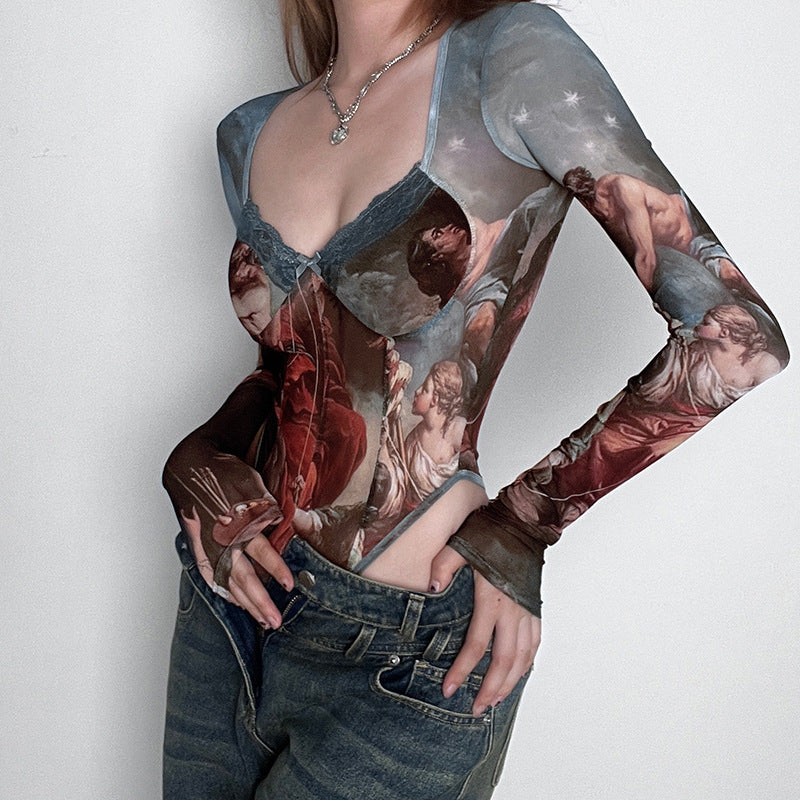 Stitching Mesh See-through Long-Sleeved Jumpsuit