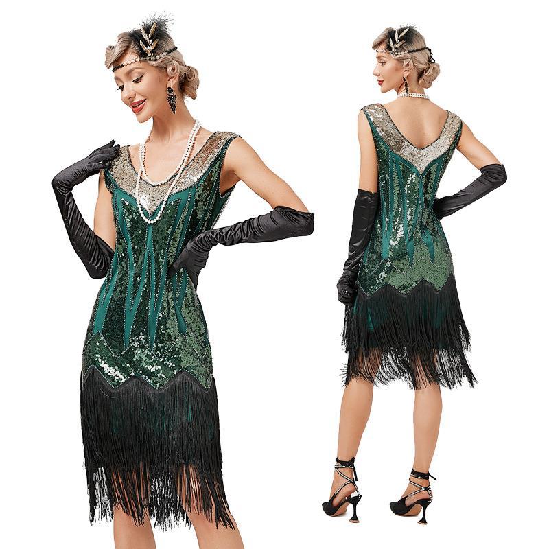 Retro V-Neck Double-Layered Tassel Gatsby Cocktail Ball Sequin Bead Dress
