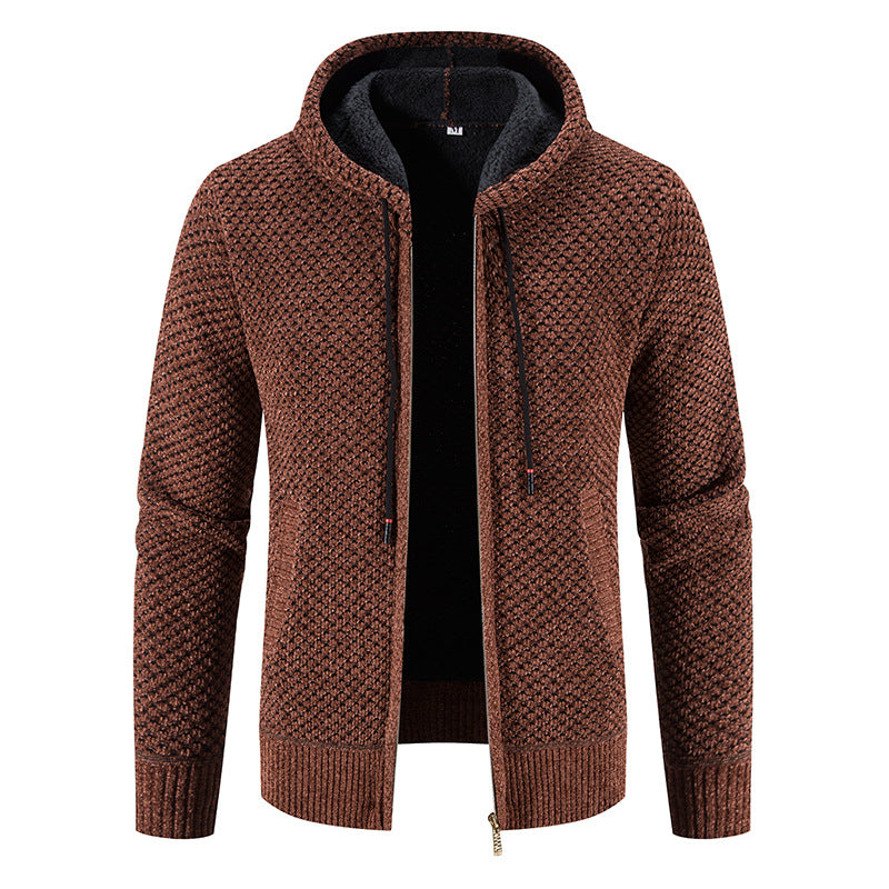 Knitwear Men's Hooded Sweater Fleece-Lined Velvet-Added Thickness Fleece-Lined Warm Cardigan Coat