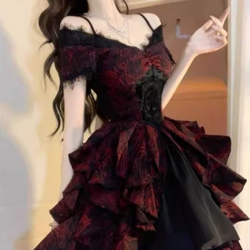 Black And Red Jacquard Wave-Print Dress Lolita Light Luxury