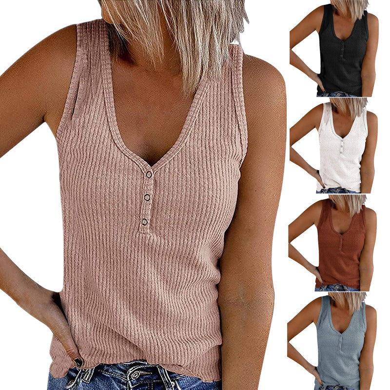 Summer New Women's Button Vest V-Neck Sleeveless T-shirt
