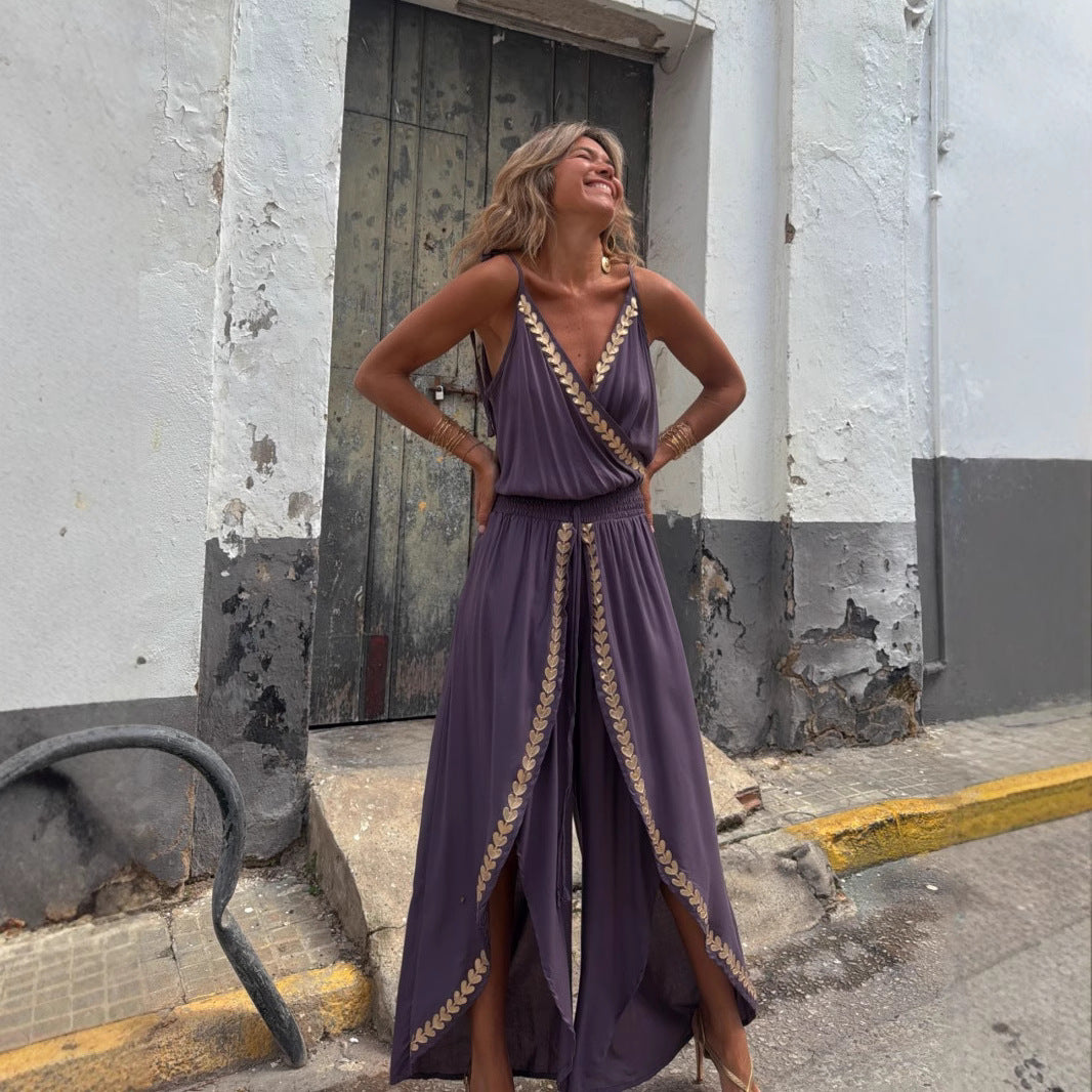 Gold Ribbon Trim Waist Trimming Loose Suspender Jumpsuit