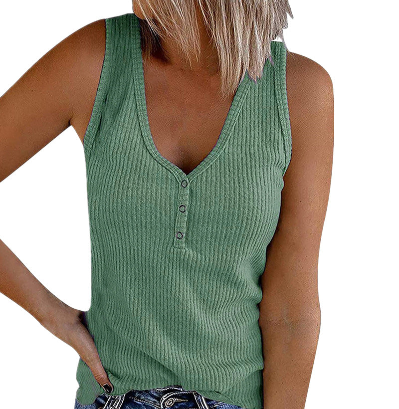 Summer New Women's Button Vest V-Neck Sleeveless T-shirt