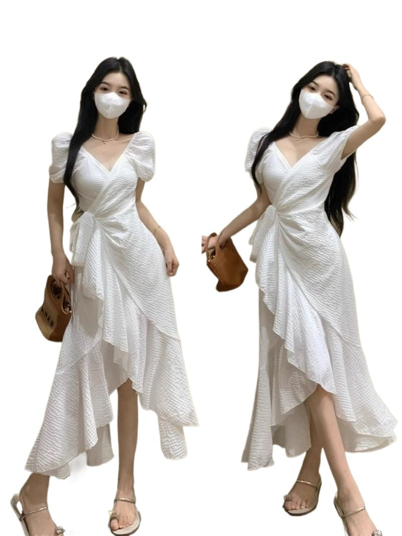 V-Neck Dress Degrees Women's Waist Irregular Ruffled