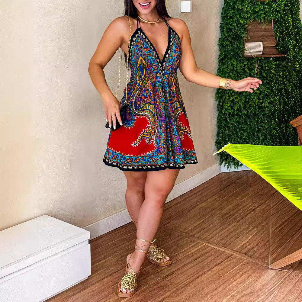 Retro Printed V-Neck Dress Women