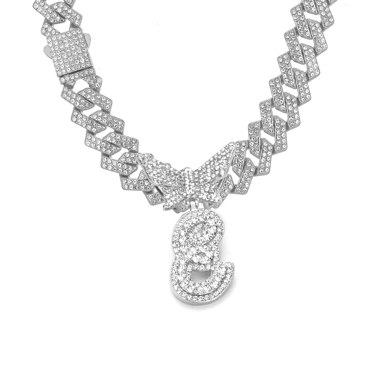 English Letter Alloy Rhinestone Pendant Necklace Butterfly