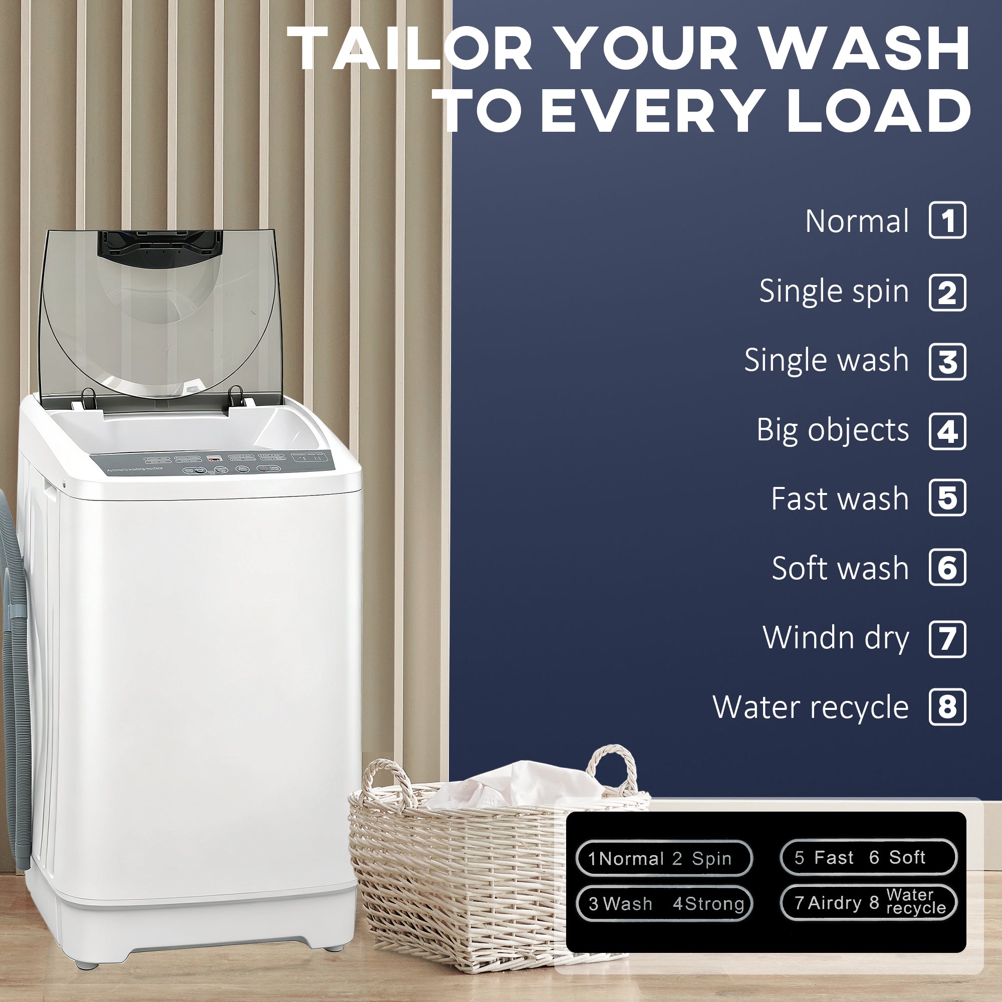 Compact Washer, Portable Washing Machine, Full Automatic Washer with 8 Programs and 6 Water Levels, White