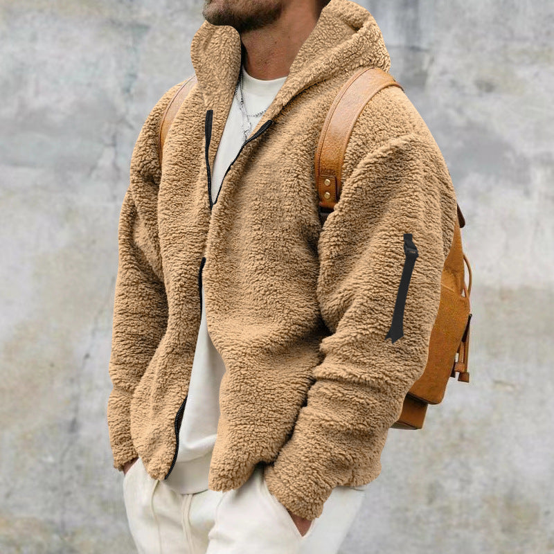 Plush Hooded Jacket Men's Autumn And Winter Fleece Double-Sided Wear Warm Coat With Zipper Loose Casual Jacket Outdoor Clothing