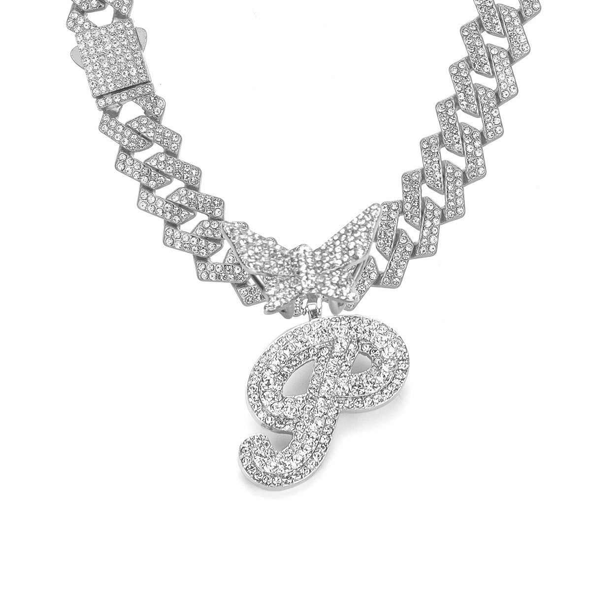 English Letter Alloy Rhinestone Pendant Necklace Butterfly