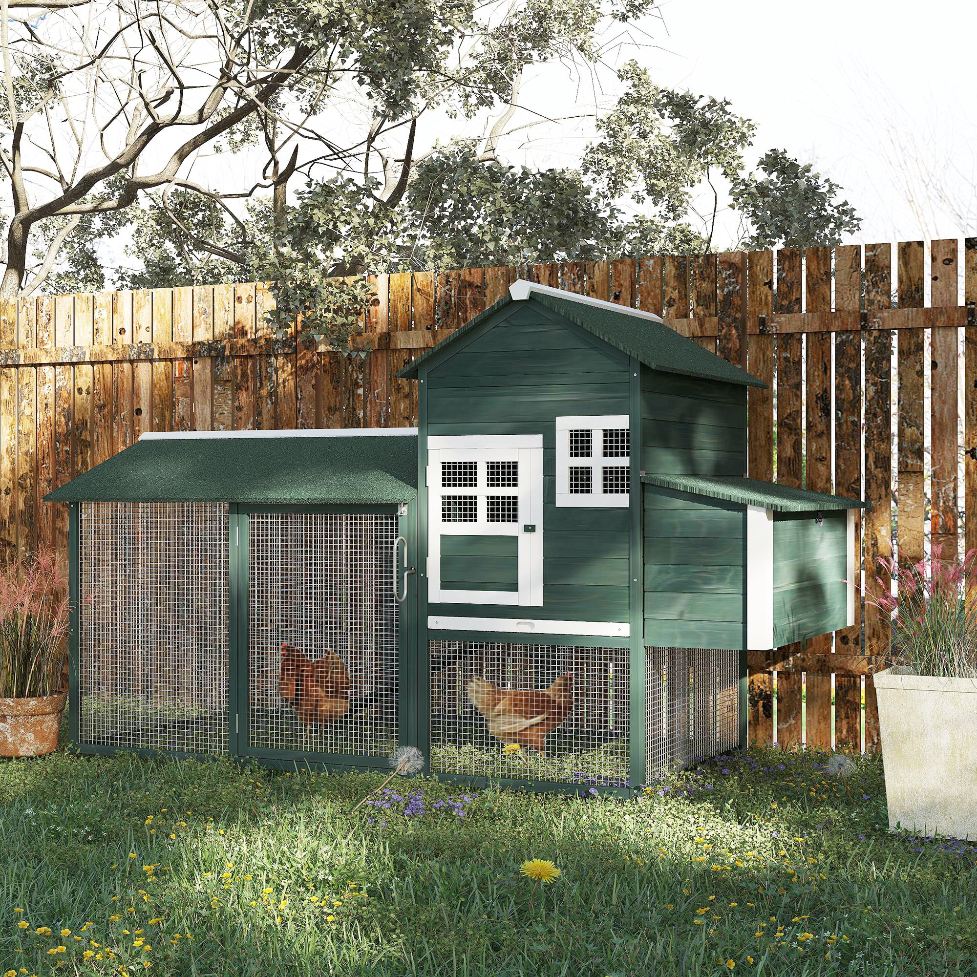84" Wooden Chicken Coop, Hen House Outdoor with Run Nesting Box, Asphalt Roof, Removable Tray, Ramp, Poultry Cage for 2-3 Chickens, Green