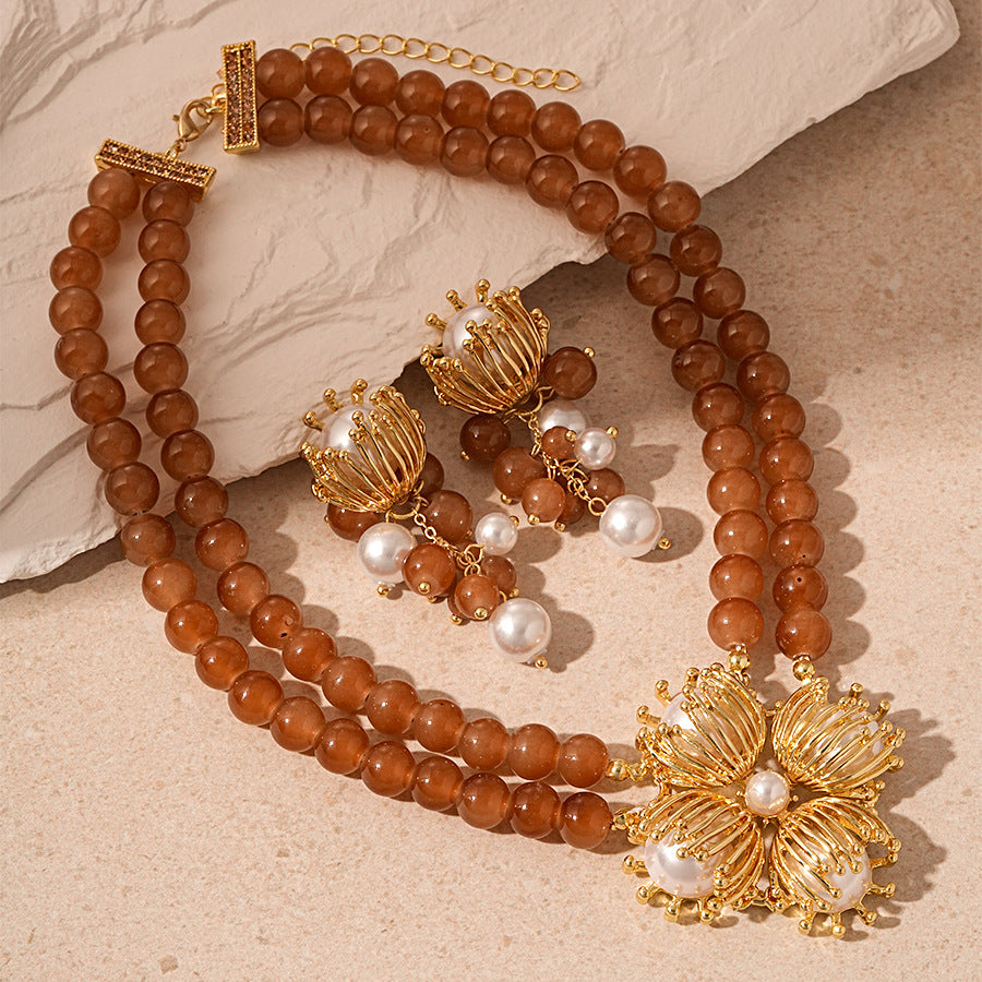 Vintage Artificial Glass Beaded Double-Layer Necklace Earrings