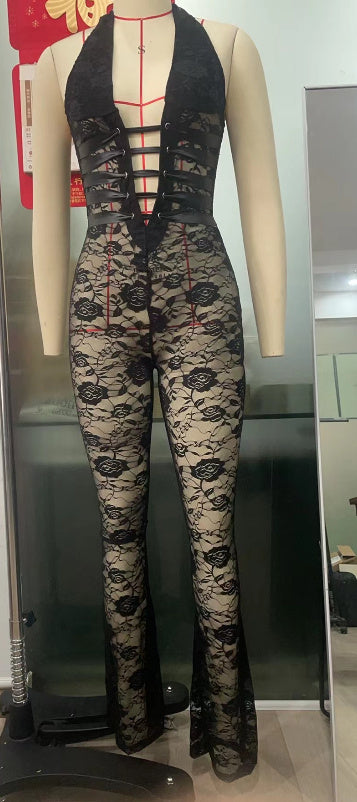 Lash Rope Lace Up Slim Fit Jumpsuit See-Through