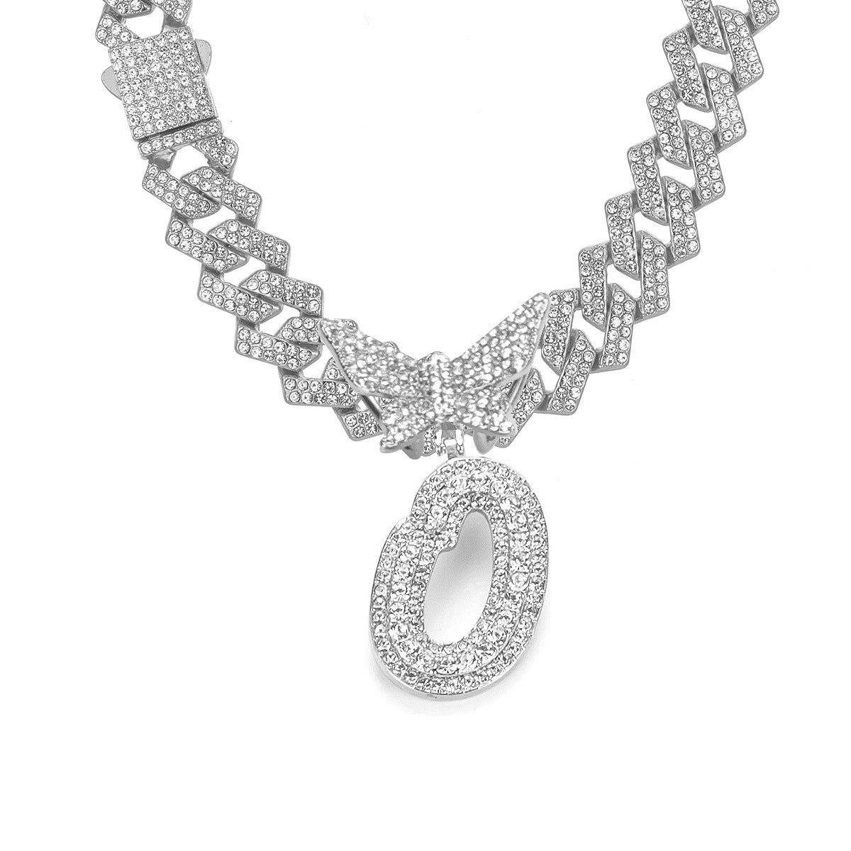 English Letter Alloy Rhinestone Pendant Necklace Butterfly