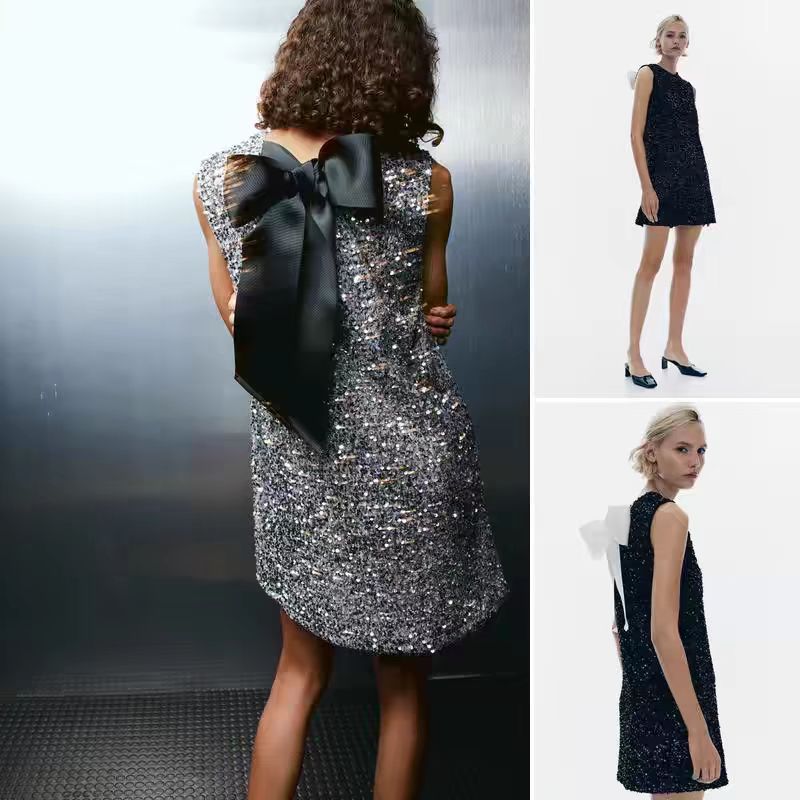 Shiny Sequin Lace-Up Bow Dress