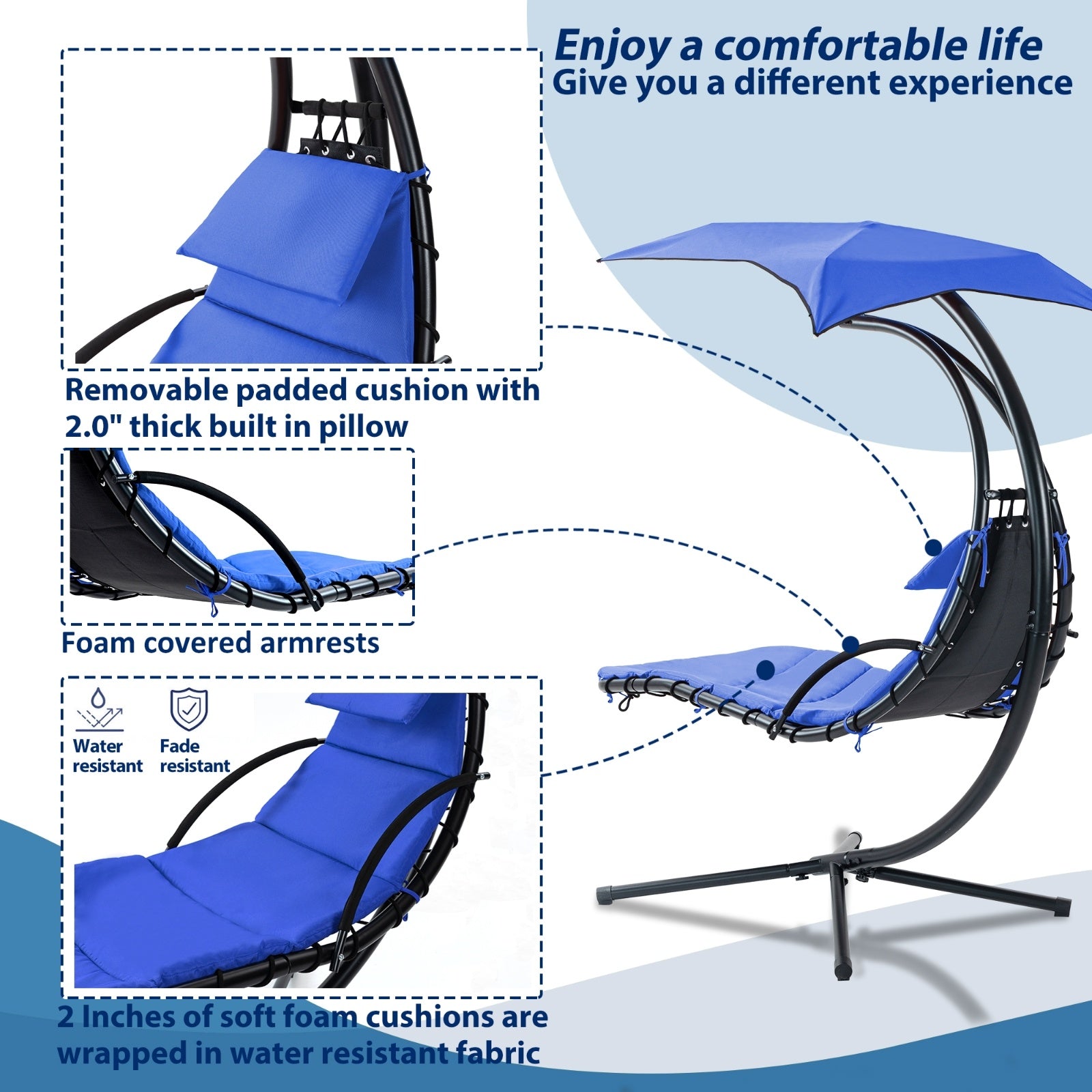 Hanging Chaise Lounger With Removable Canopy, Outdoor Swing Chair With Built-in Pillow, Hanging Curv