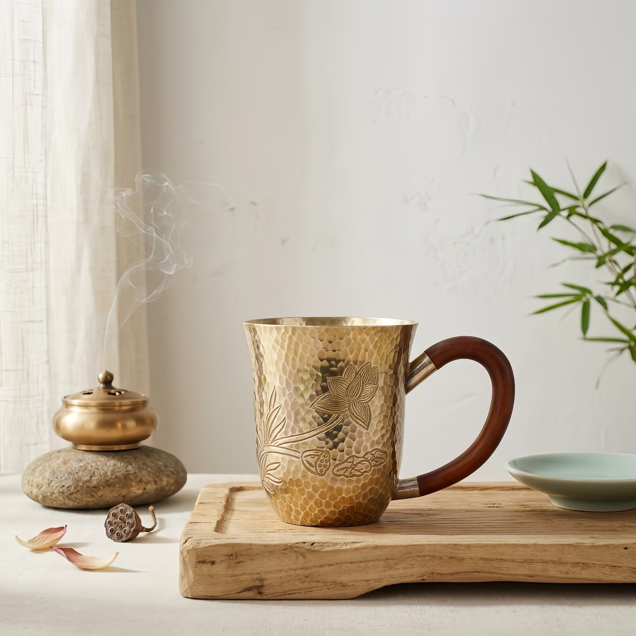 925 Sterling Silver Elegant Handcrafted Metal Mug with Gold Lotus Engraving and Wooden Handle-Premium Master Cup - Handicraft