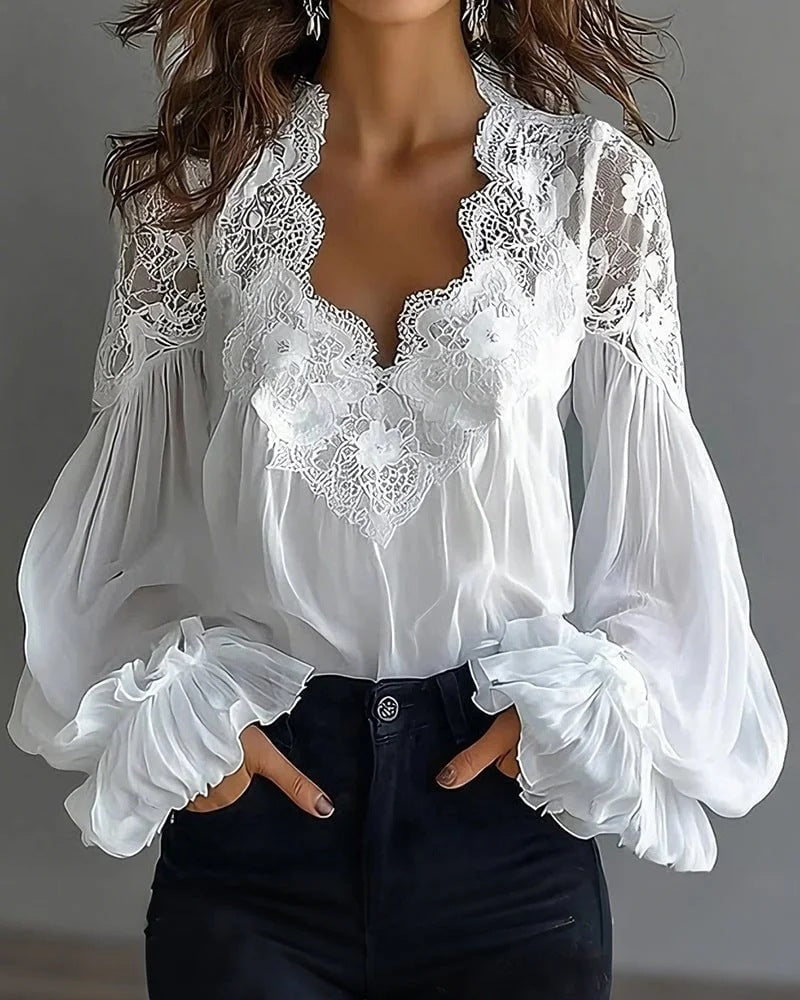 Ins Puff-Sleeved Blouse Fashion Elegant Ruffle Pleated Long-Sleeved Top Womens Clothing