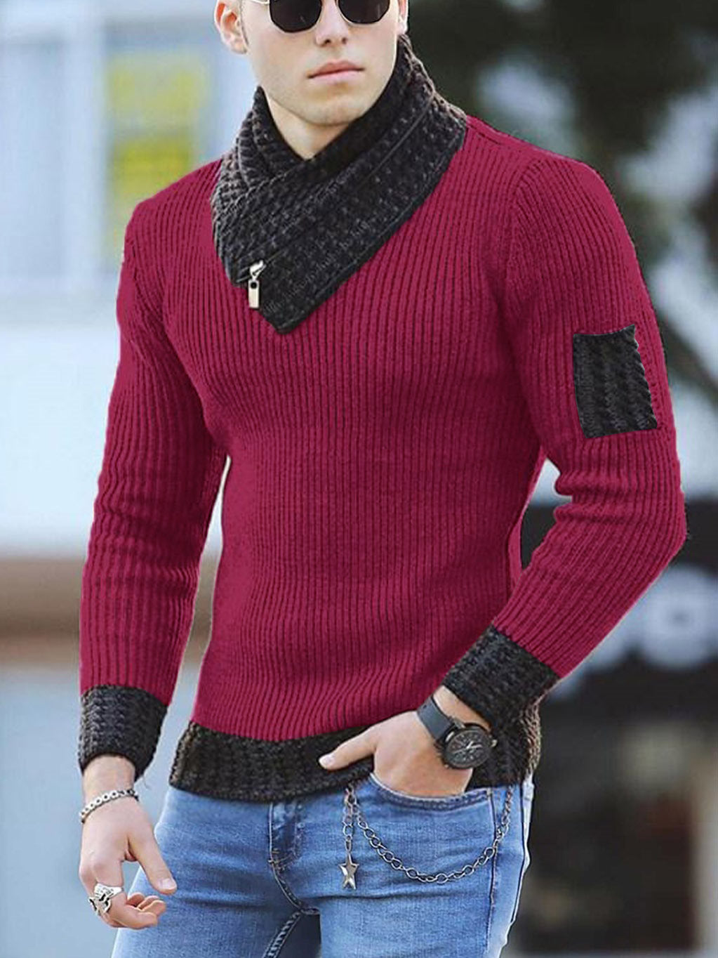 Independent Station Casual Slim Knit Pullover Long-Sleeved Scarf Collar Sweater Men's