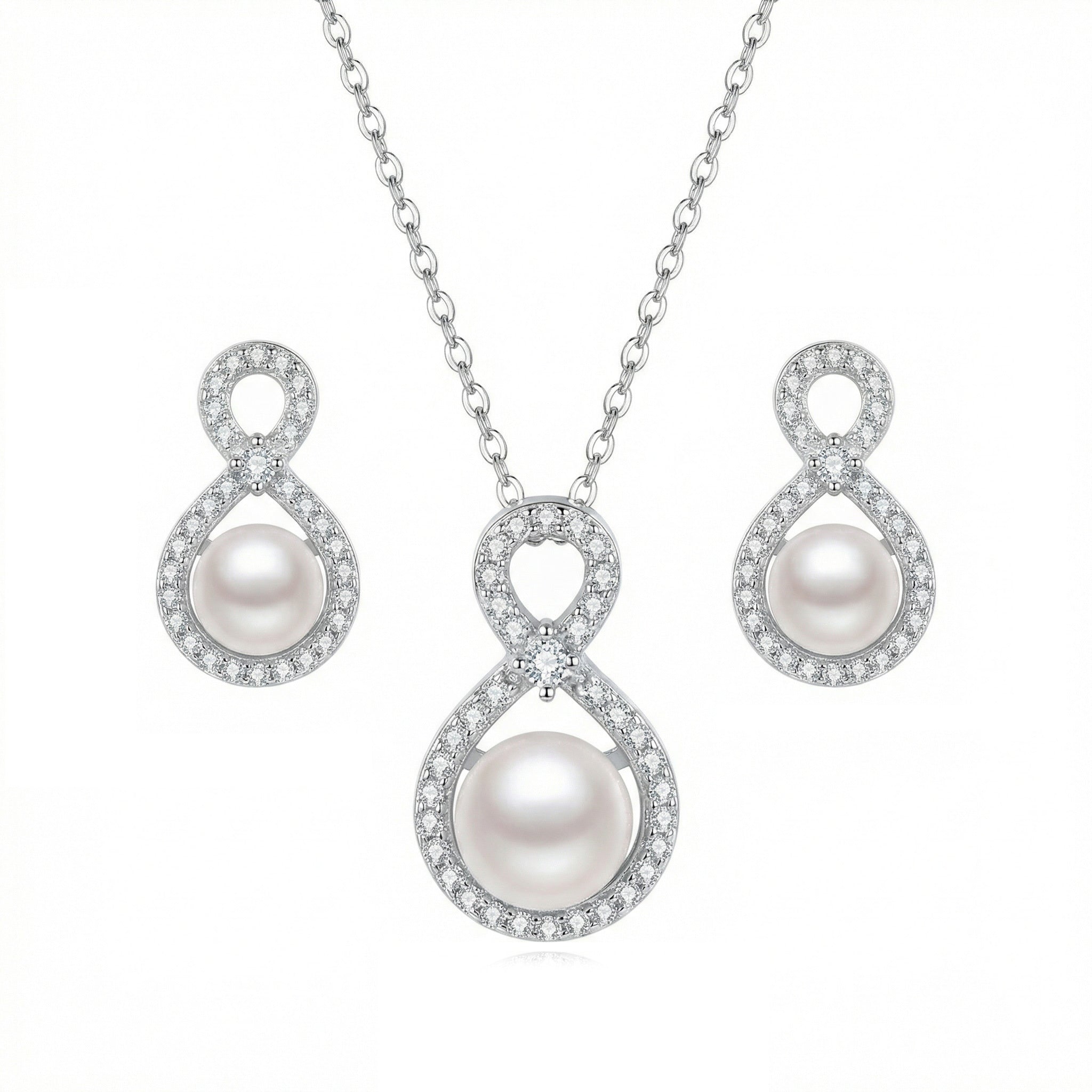 925 Sterling Silver Elegant Sterling Silver Infinity Pearl Necklace and Earrings Jewelry Set