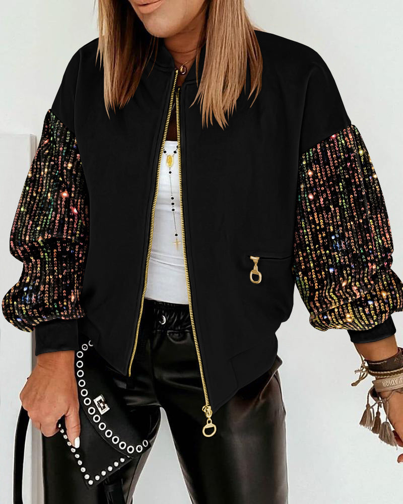 Women's New Colorful Sequin Stitching Long-Sleeved Coat