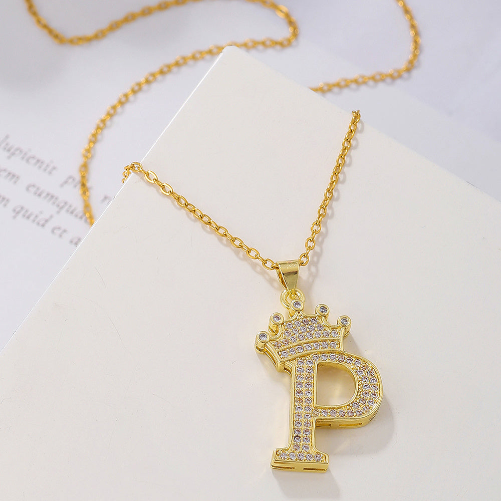 1PCS Fashionable Gold Diamond Crown Uppercase Letter Popular Pendant Necklace, Suitable For Daily Use, Festivals, Parties, Gifts Jewelry Set