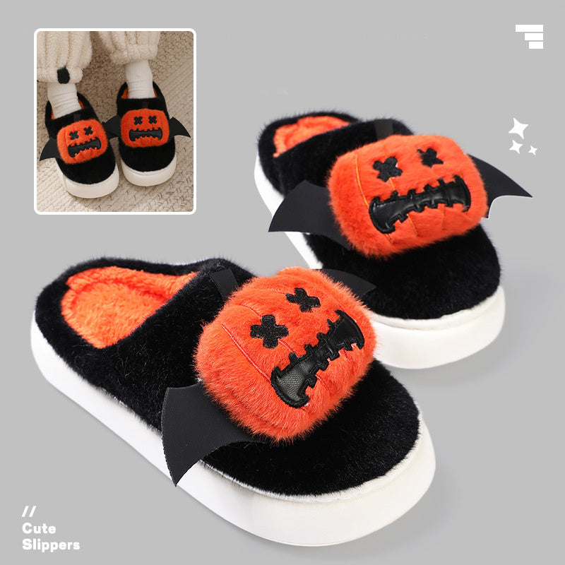 Halloween Cartoon Funny Pumpkin Slippers With Small Wings Design Indoor Non-Slip Bedroom Floor Cotton Slipper Winter House Shoes Couple