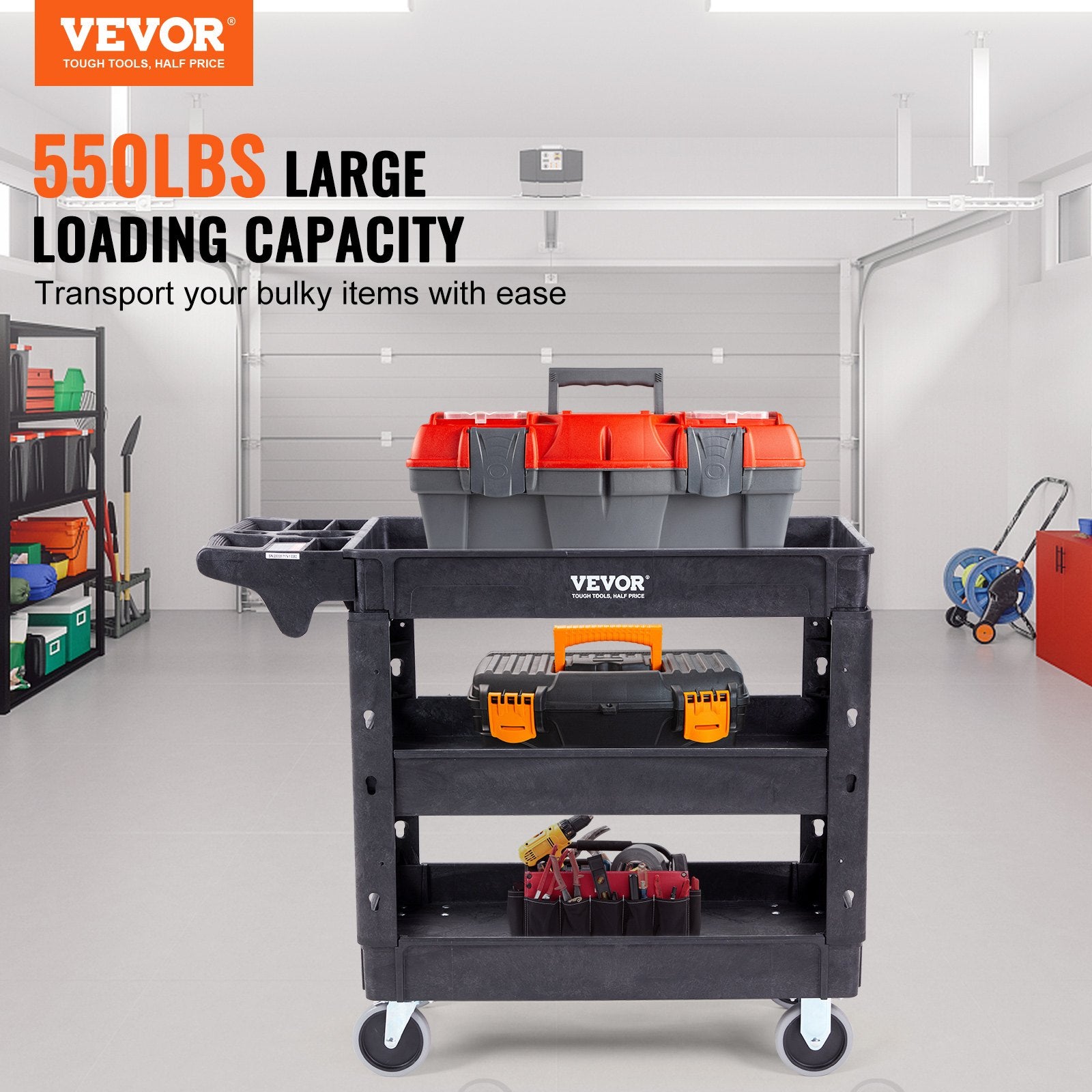 Utility Service Cart, 3 Shelf 550LBS Heavy Duty Plastic Rolling Utility Cart With 360 Swivel Wheels