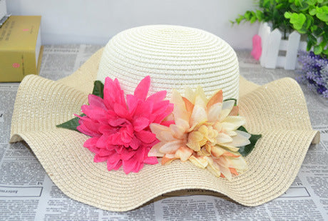 Women's Summer UV Protection Sun Protection Big Brim Sun-Proof Straw Hat Summer Hat Wave Flower Sun Hat Beach Hat