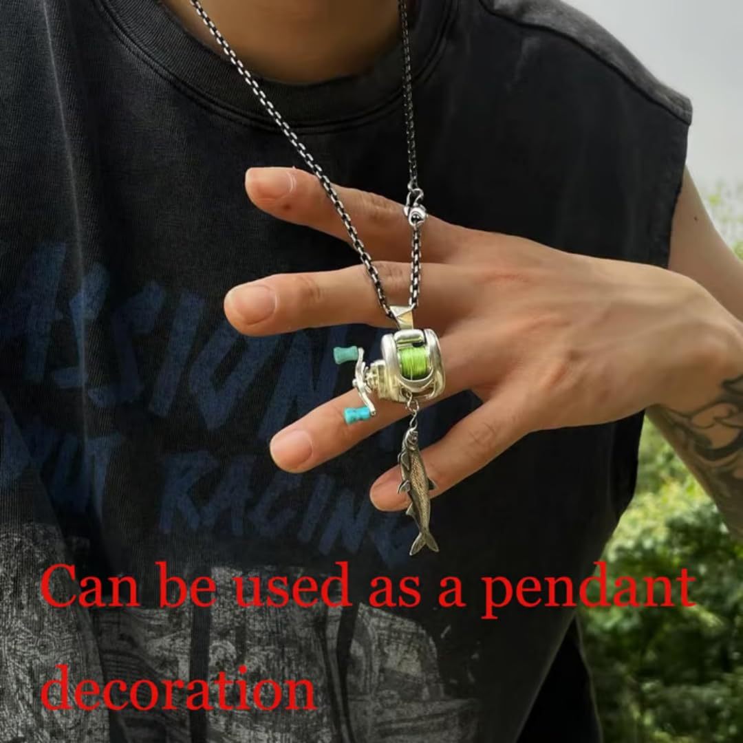 Luxury Fishing Reel Necklace Rotatable Detachable Fishing Reel Ring Exquisite Silver Men Neck Pendant Versatile Jewelry
