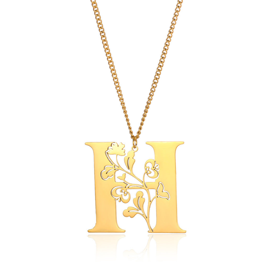 Stainless Steel 26 English Flower Letter Necklace