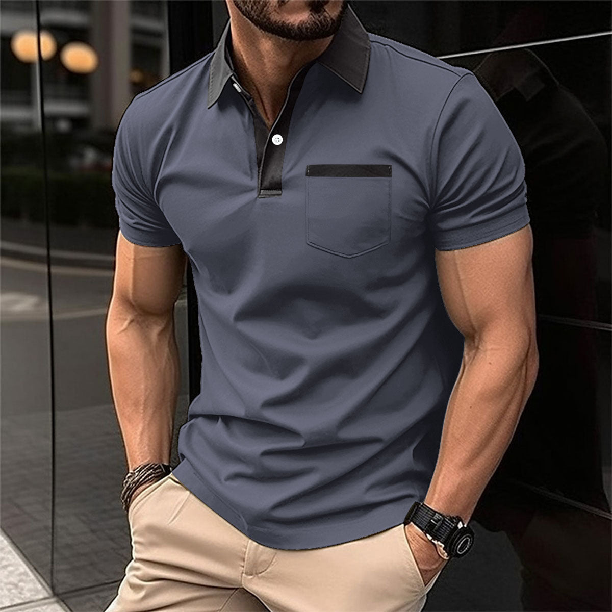 Lapel Fashion Slim Pocket Short-Sleeved T-Shirt Polo Shirt Men Clothing