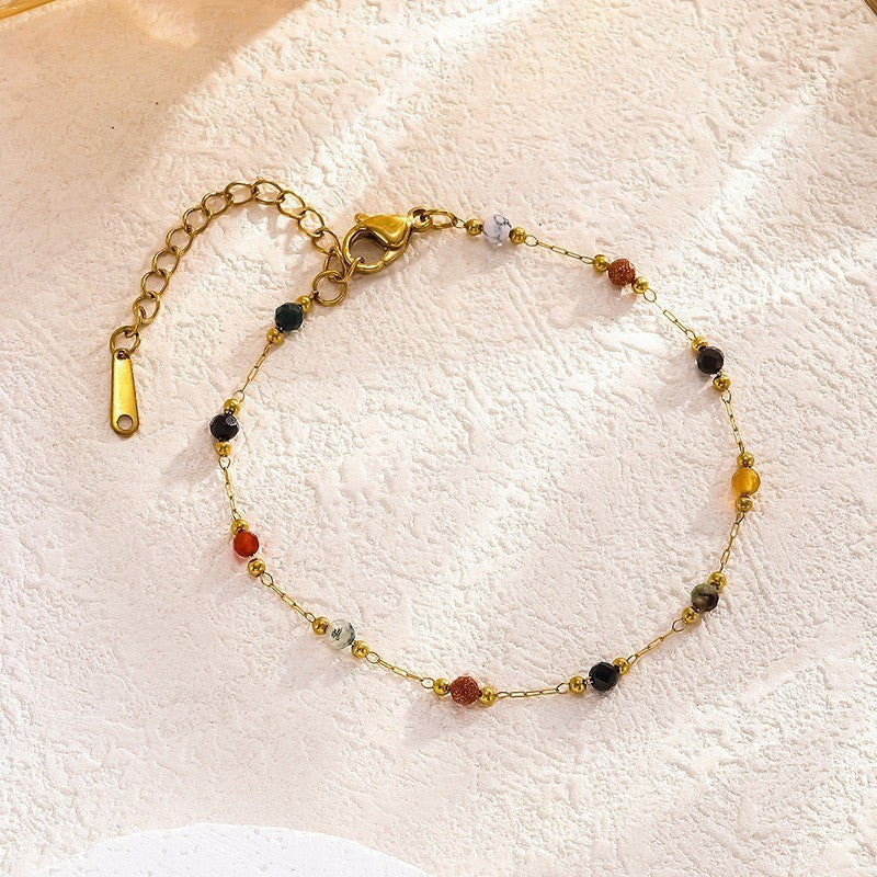 Mixed Natural Stone Mosaic Design Titanium Steel 18k Gold Bracelet