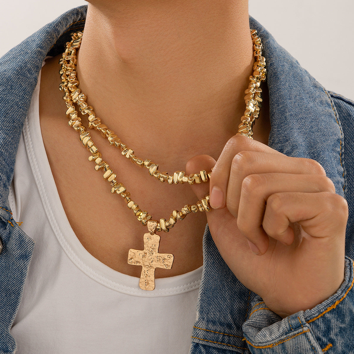 Niche Uniquely Shaped Beaded Necklace For Men Trendy Cross Pendant Clavicle Chain