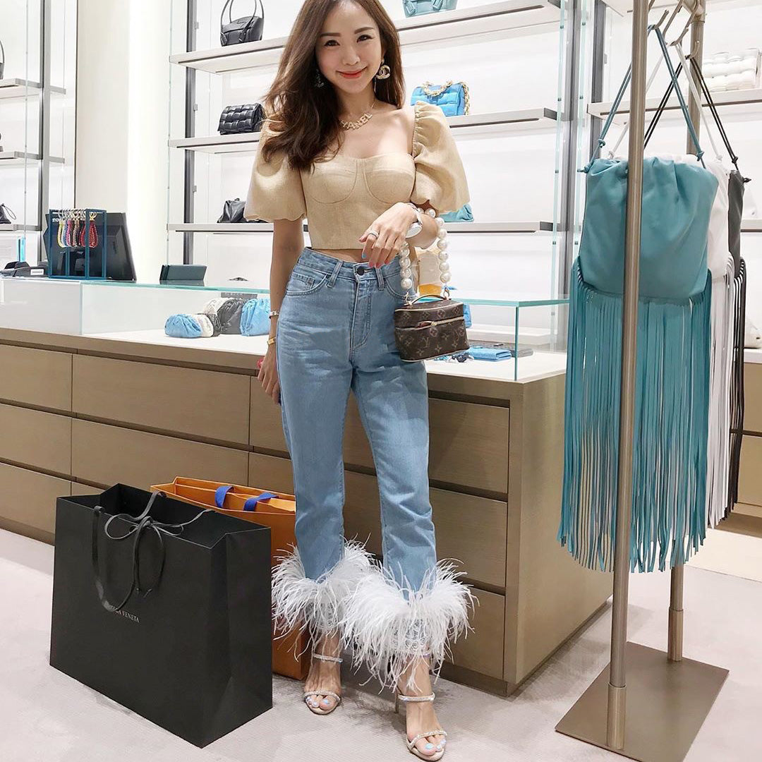High Waist Straight Loose Slim Pants Real Ostrich Feather