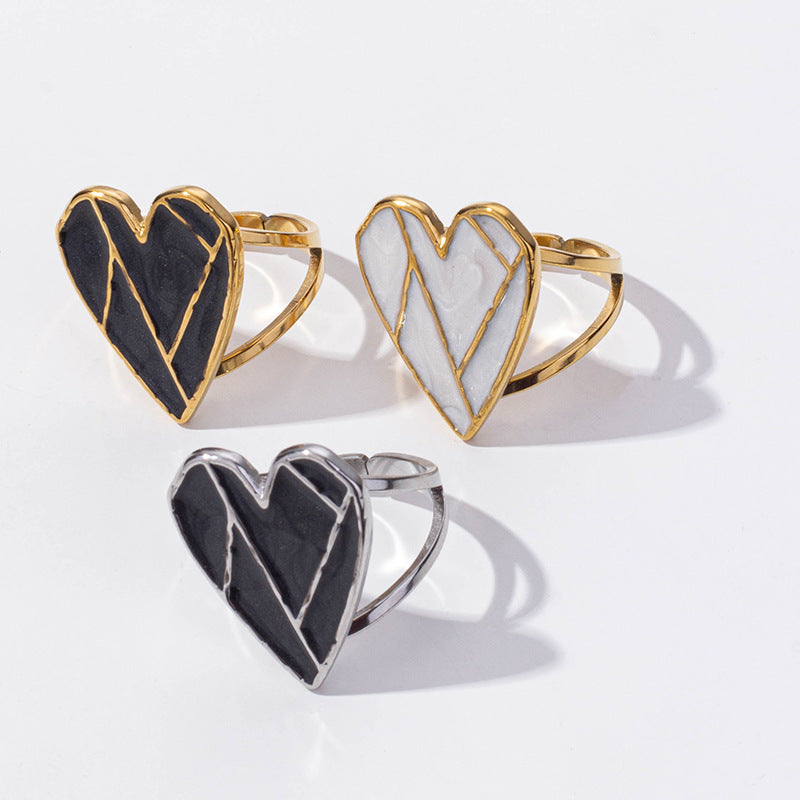 Women's Stainless Steel Retro Heart-shaped Oil Dripping Open Ring