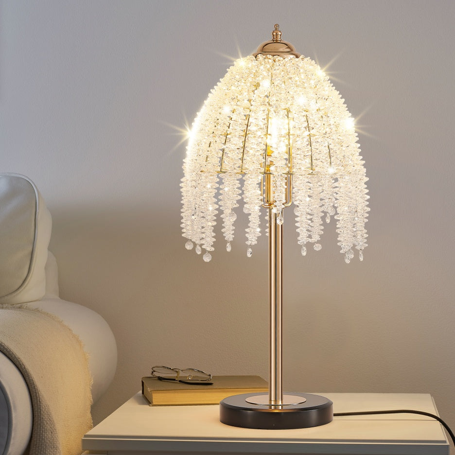 19inch H Elegant Crystal Table Lamp Vintage Waterfall Design With Crystal Bead String Shades And Marble Textured Base For Living Room, Bedroom, Or Office Bulb Not Included