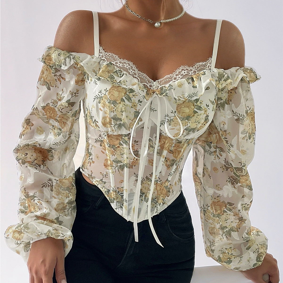 A Figure-Hugging Top With A Floral Print, Featuring A Fishbone Design