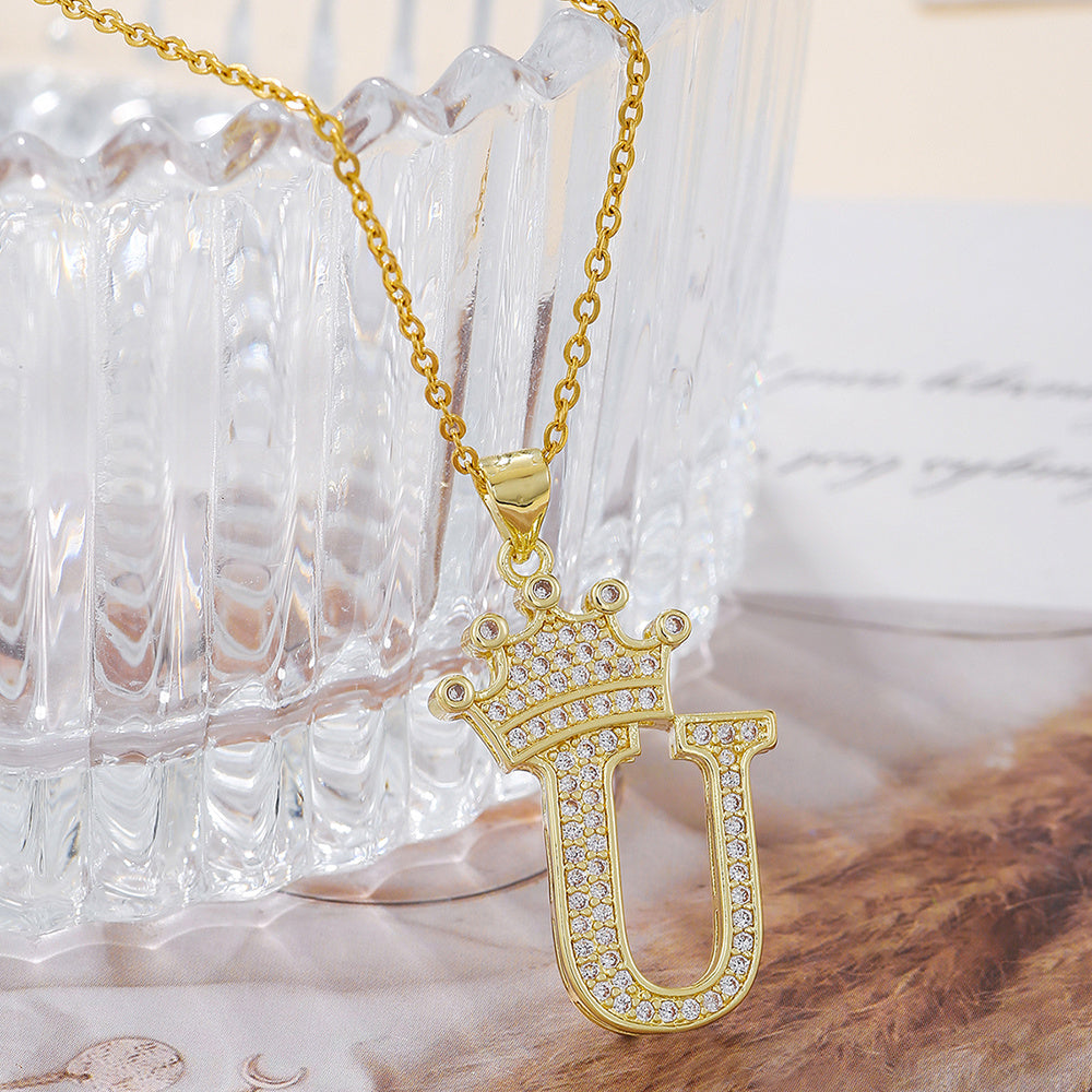 1PCS Fashionable Gold Diamond Crown Uppercase Letter Popular Pendant Necklace, Suitable For Daily Use, Festivals, Parties, Gifts Jewelry Set