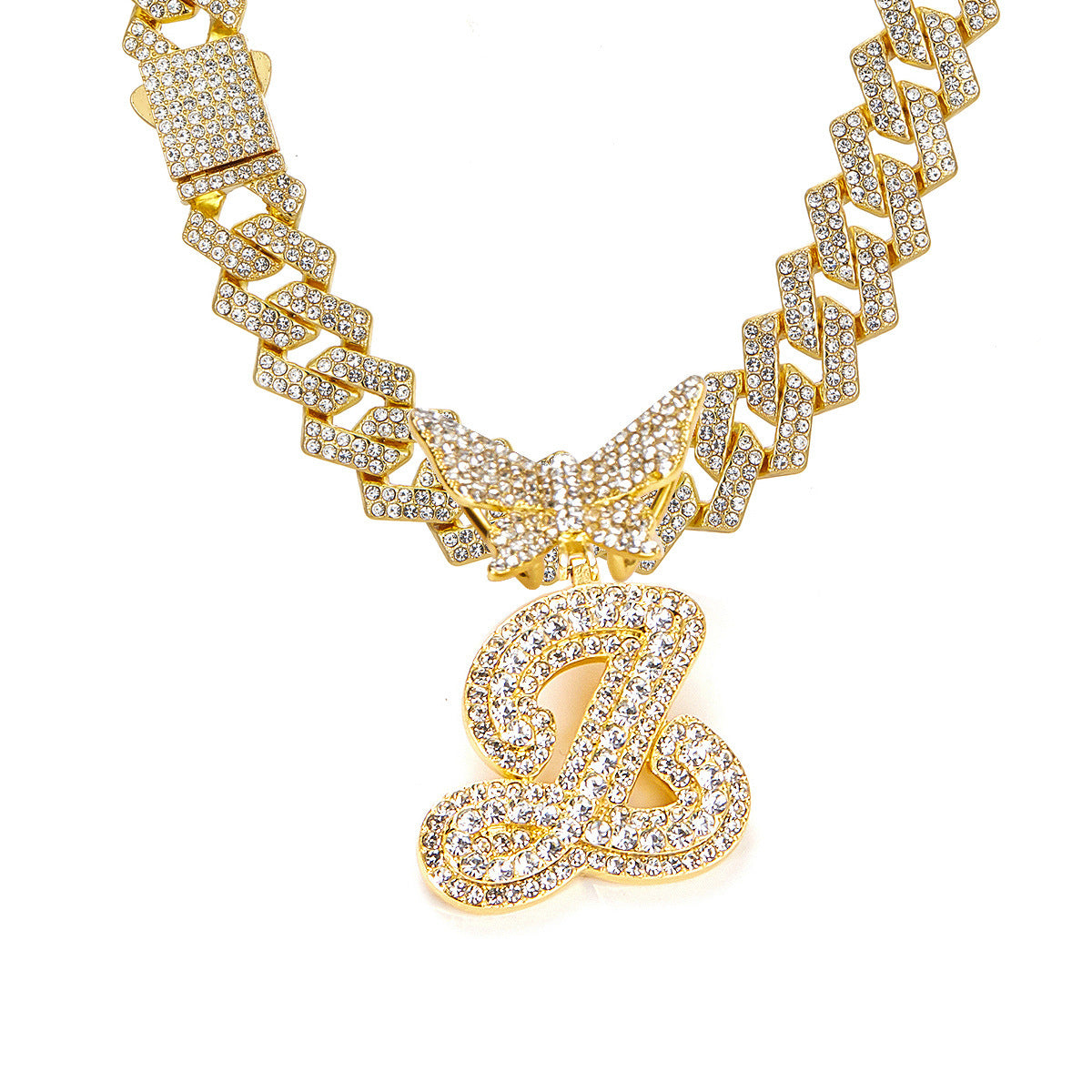 English Letter Alloy Rhinestone Pendant Necklace Butterfly