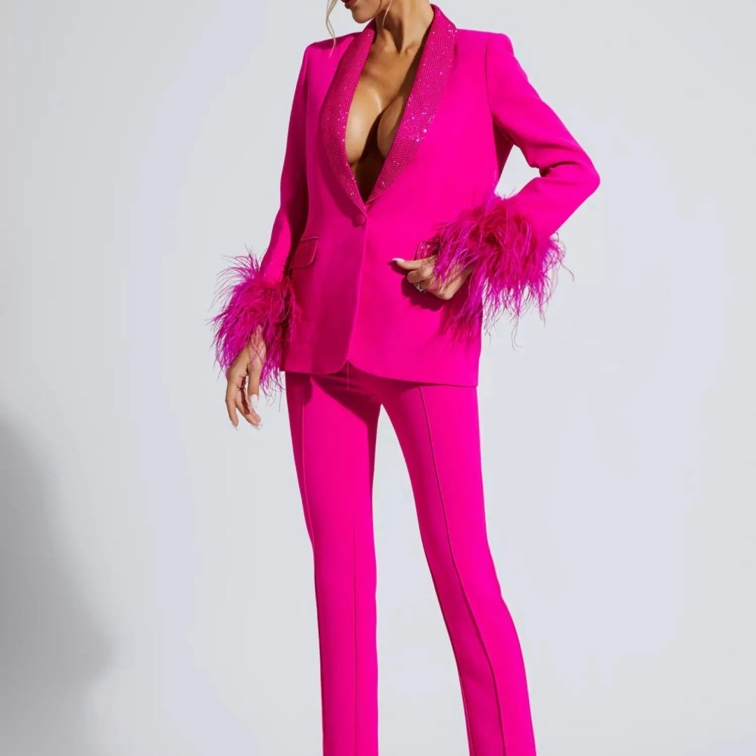 Ostrich Feather True Feathers Rhinestone Green Fruit Collar Suit Jacket