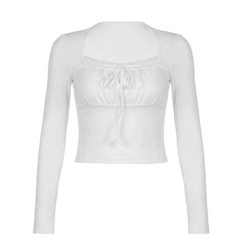Lace Edge Stitching Fake Two-Piece Long-Sleeved T-Shirt Slim Pleated Lace-Up Short Top
