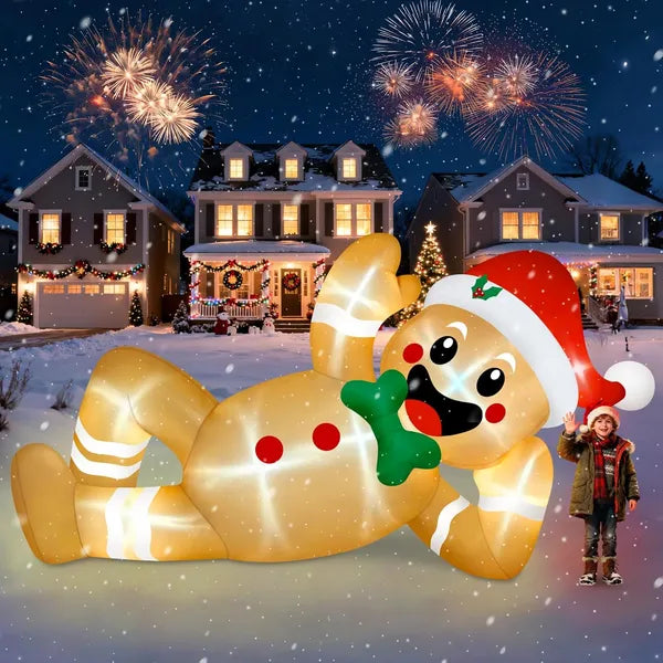 10FT Christmas Inflatables Outdoor Decorations, Giant Lying Gingerbread Inflatable With Built-in LED Lights Xmas Blow Up Yard Decoration For Holiday Party Garden Lawn Roof Outdoor Decor